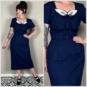 Vintage 1950s Royal Blue Short Sleeve Belted Wiggle Dress